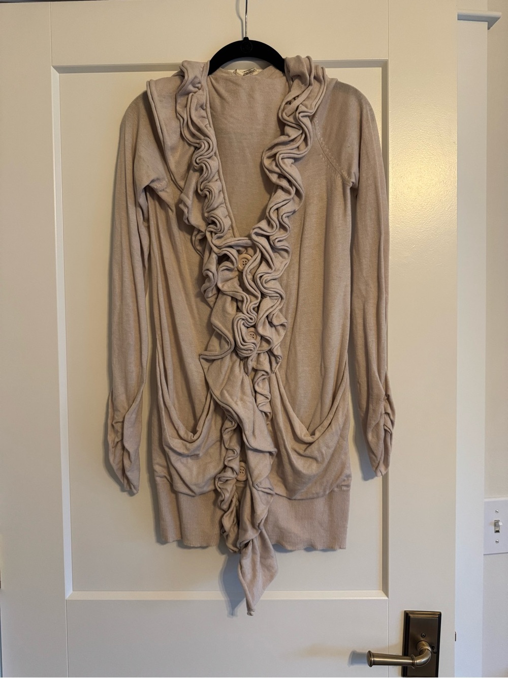 Anthropologie | Moth Beige Ruffle-Front Long Sleeve Dress Cardigan, XS